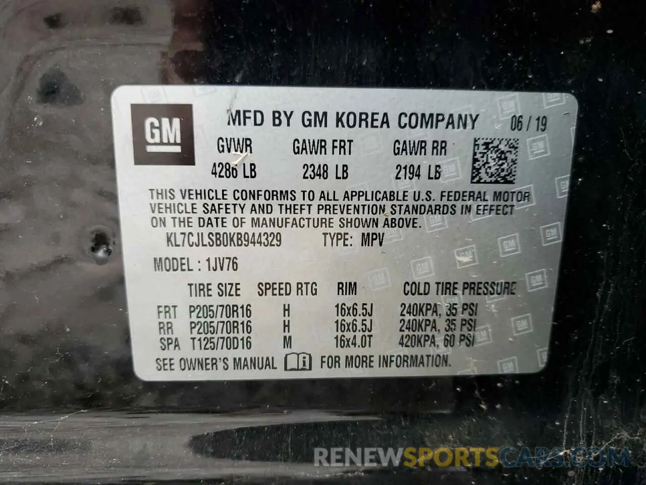 13 Photograph of a damaged car KL7CJLSB0KB944329 CHEVROLET TRAX 2019