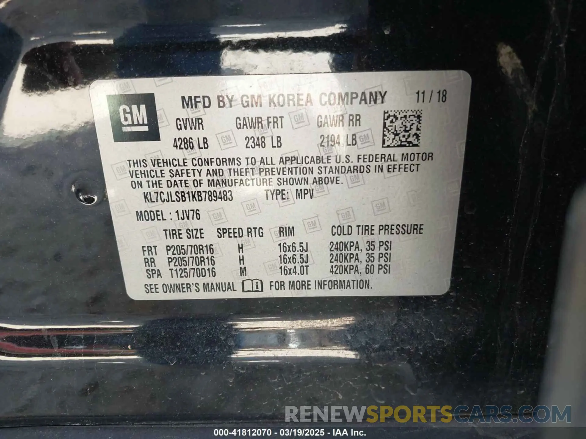 9 Photograph of a damaged car KL7CJLSB1KB789483 CHEVROLET TRAX 2019