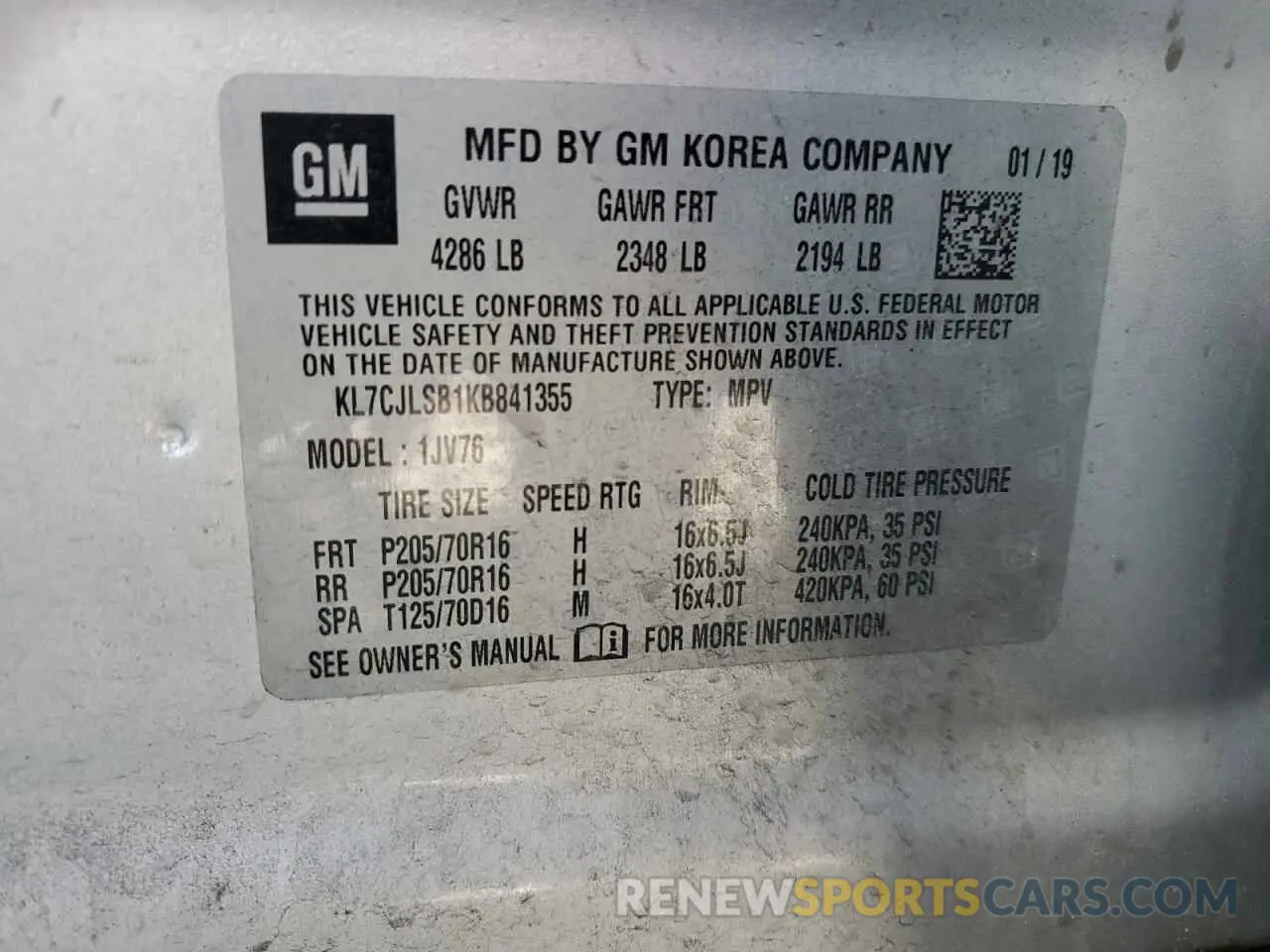 13 Photograph of a damaged car KL7CJLSB1KB841355 CHEVROLET TRAX 2019