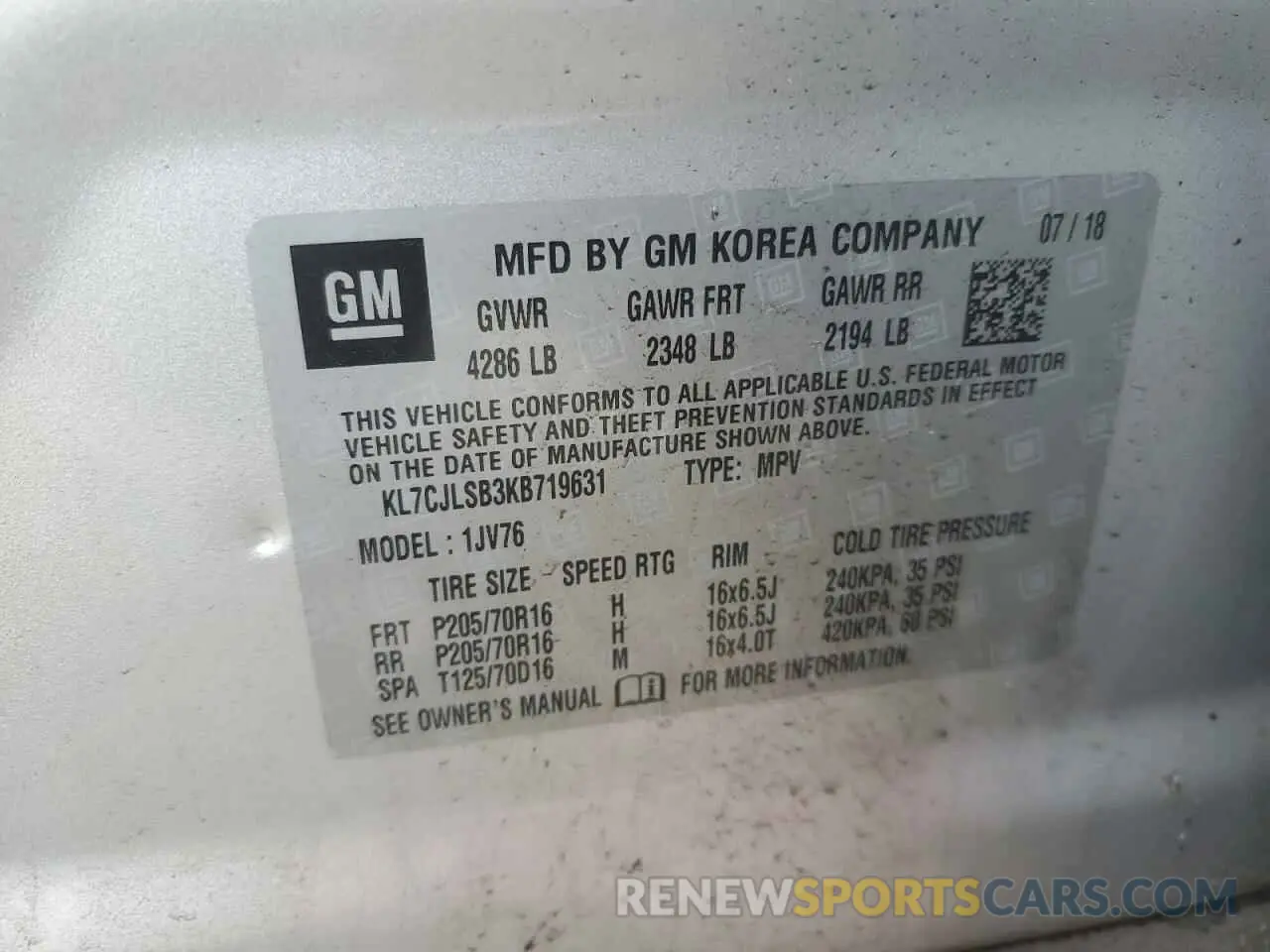 14 Photograph of a damaged car KL7CJLSB3KB719631 CHEVROLET TRAX 2019