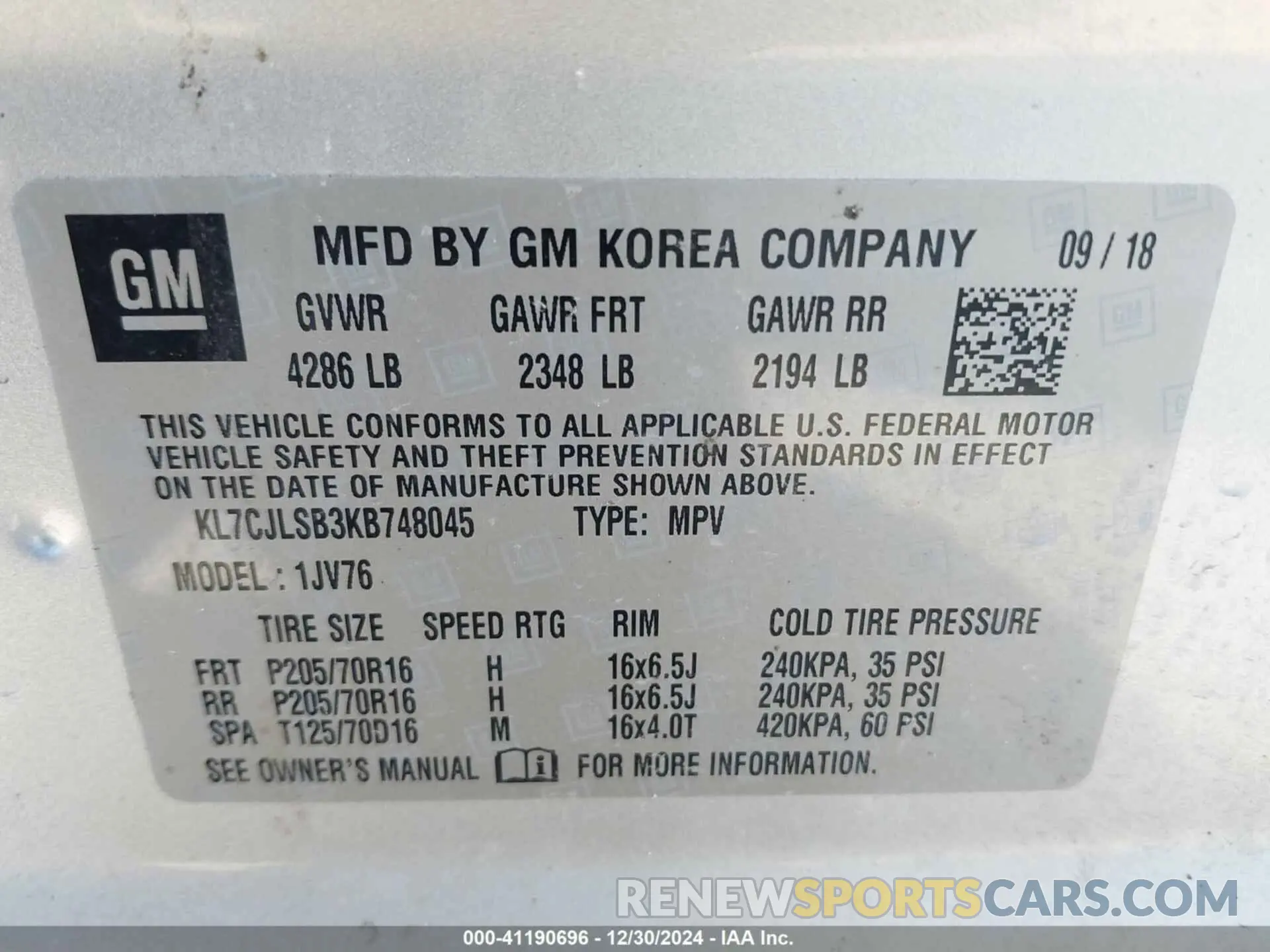 9 Photograph of a damaged car KL7CJLSB3KB748045 CHEVROLET TRAX 2019