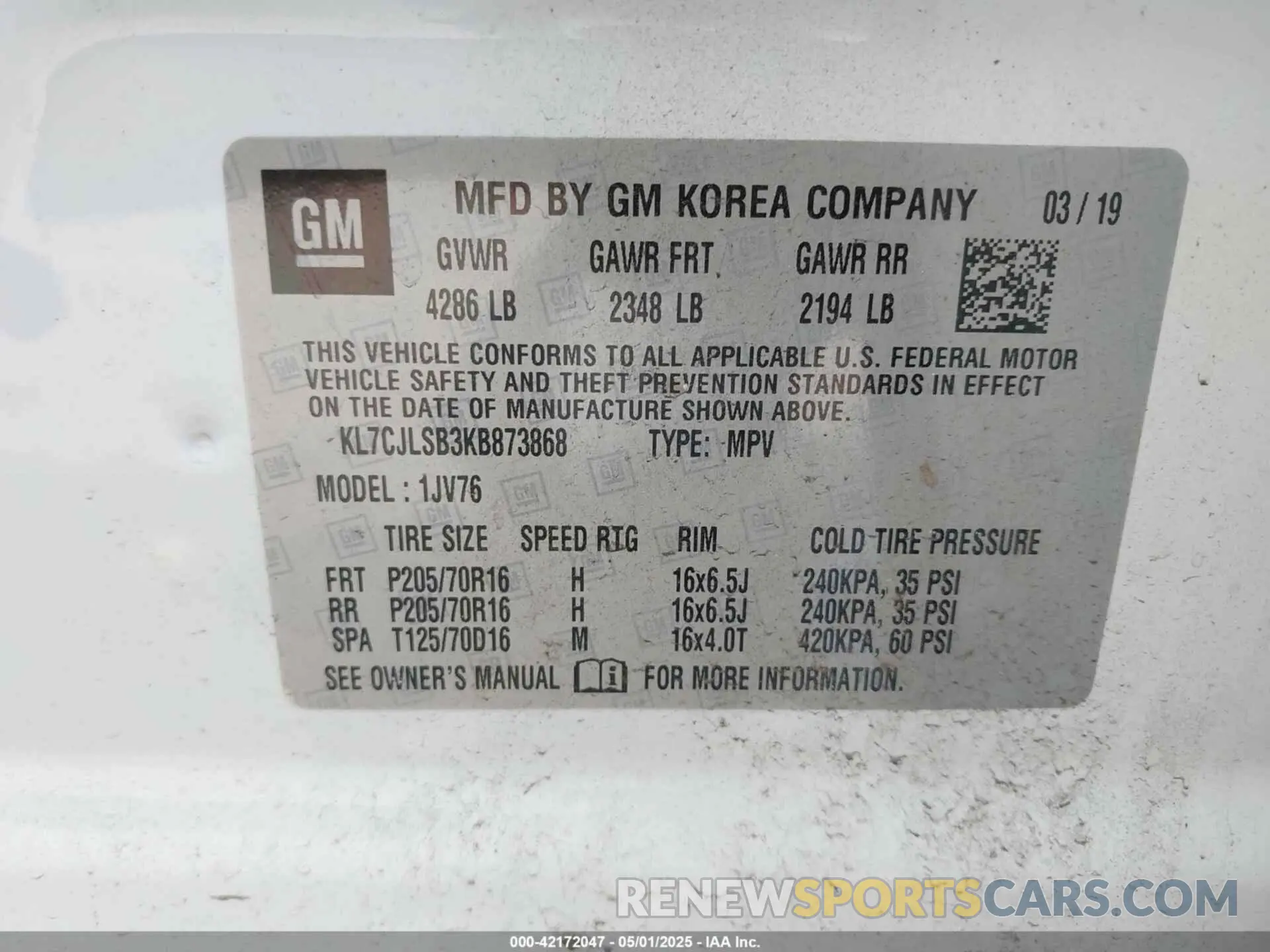 9 Photograph of a damaged car KL7CJLSB3KB873868 CHEVROLET TRAX 2019