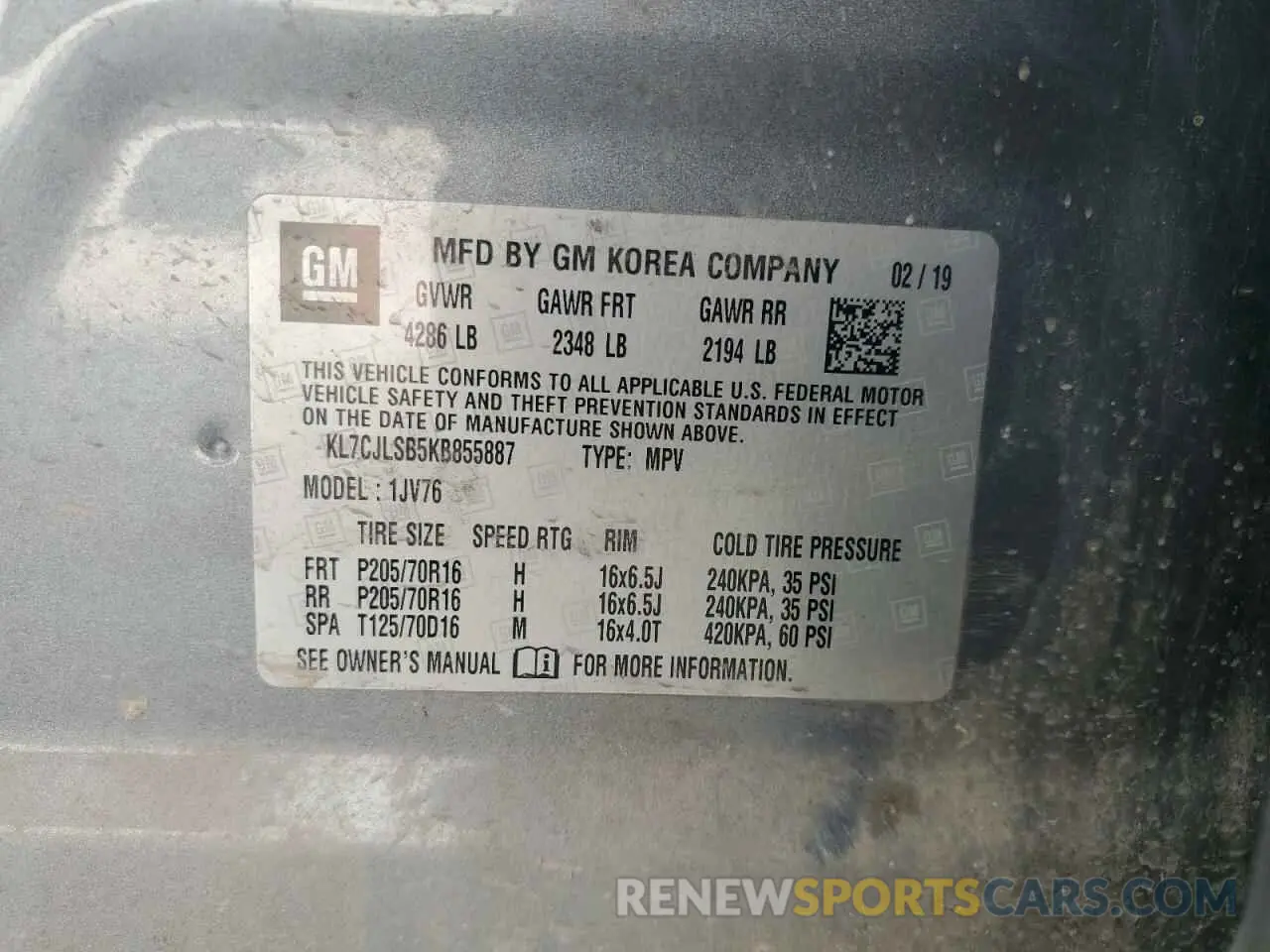 13 Photograph of a damaged car KL7CJLSB5KB855887 CHEVROLET TRAX 2019