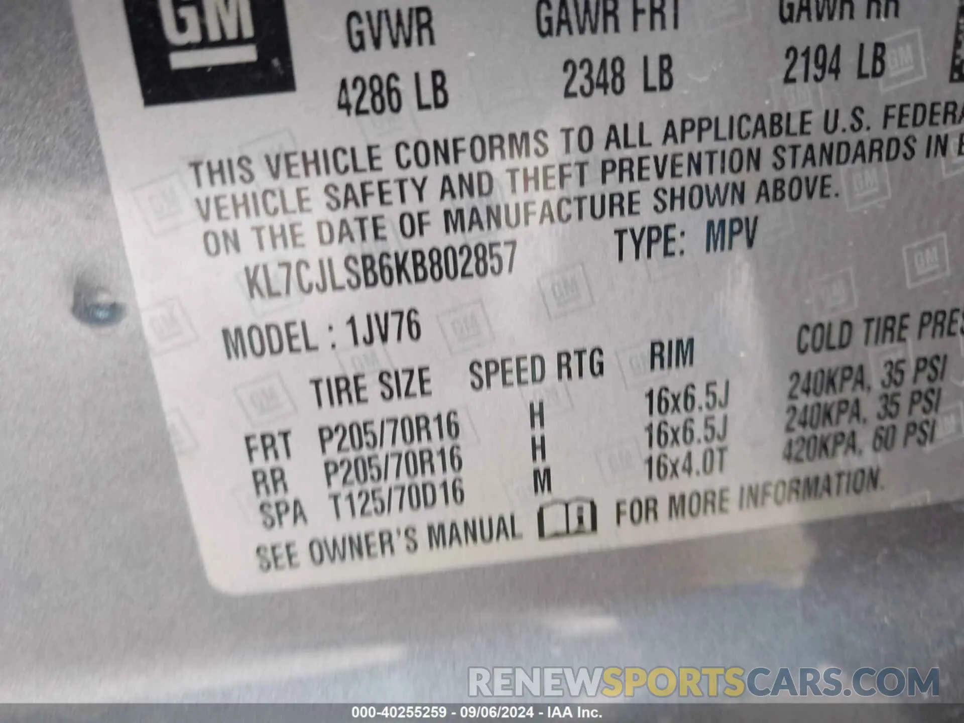 9 Photograph of a damaged car KL7CJLSB6KB802857 CHEVROLET TRAX 2019