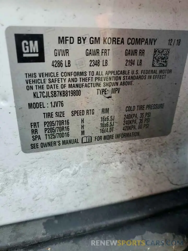 13 Photograph of a damaged car KL7CJLSB7KB819800 CHEVROLET TRAX 2019