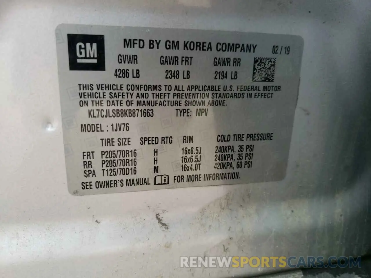 12 Photograph of a damaged car KL7CJLSB8KB871663 CHEVROLET TRAX 2019