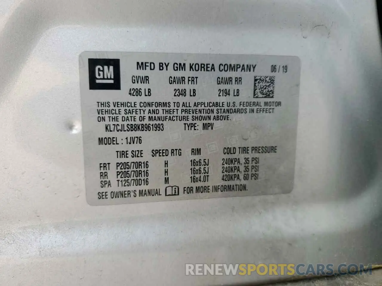 12 Photograph of a damaged car KL7CJLSB8KB961993 CHEVROLET TRAX 2019