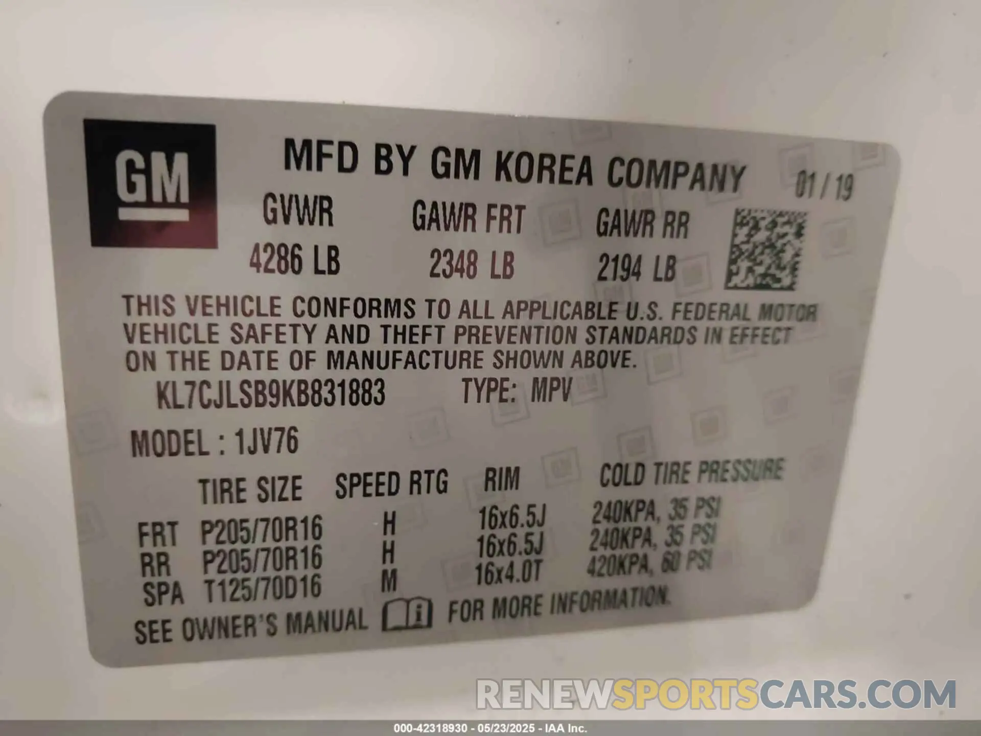9 Photograph of a damaged car KL7CJLSB9KB831883 CHEVROLET TRAX 2019