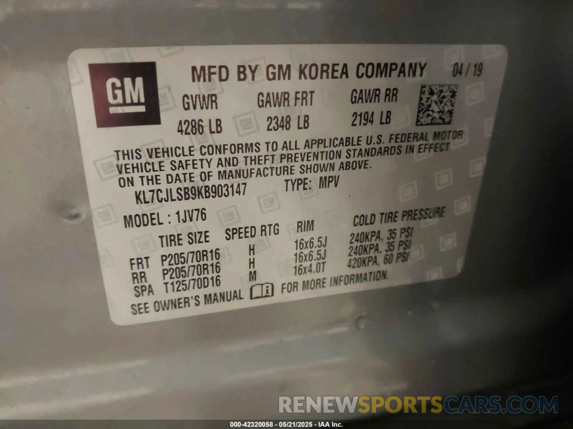 9 Photograph of a damaged car KL7CJLSB9KB903147 CHEVROLET TRAX 2019