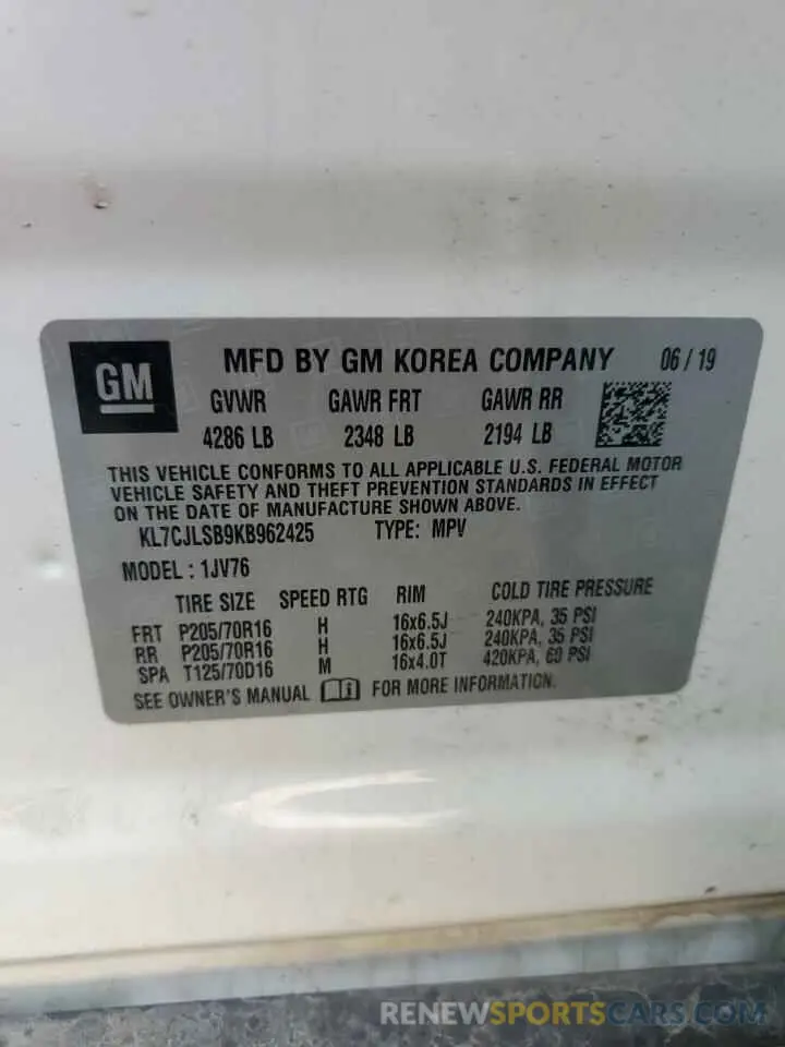13 Photograph of a damaged car KL7CJLSB9KB962425 CHEVROLET TRAX 2019