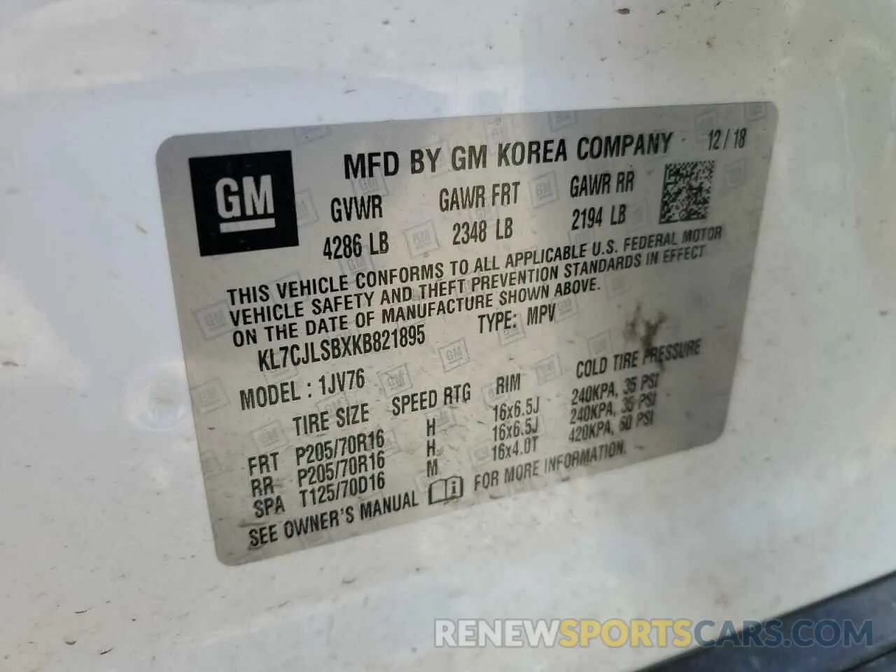 13 Photograph of a damaged car KL7CJLSBXKB821895 CHEVROLET TRAX 2019