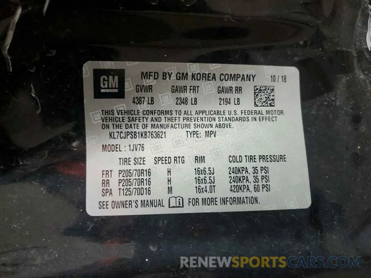 13 Photograph of a damaged car KL7CJPSB1KB763621 CHEVROLET TRAX 2019