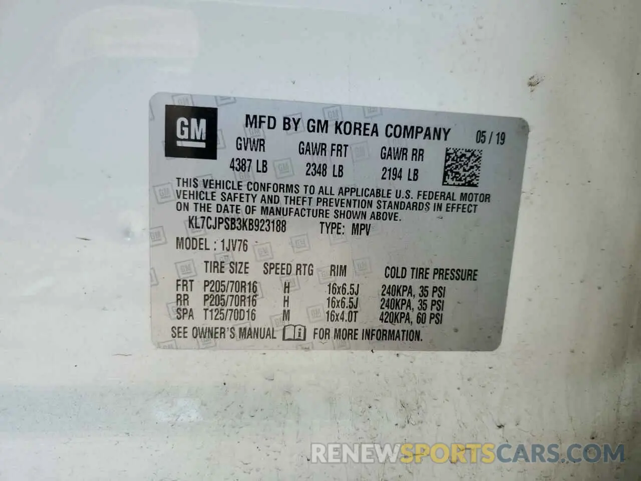 13 Photograph of a damaged car KL7CJPSB3KB923188 CHEVROLET TRAX 2019