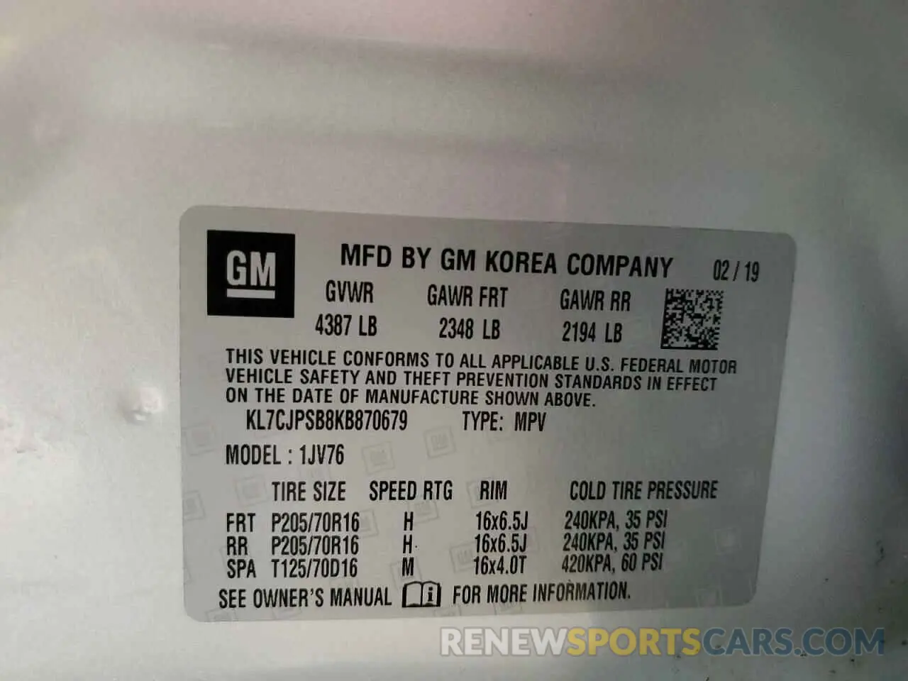 13 Photograph of a damaged car KL7CJPSB8KB870679 CHEVROLET TRAX 2019