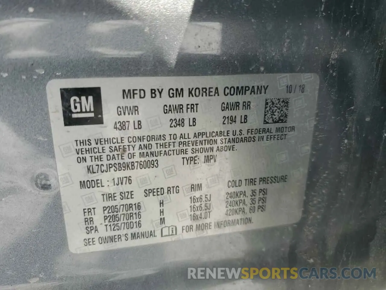 13 Photograph of a damaged car KL7CJPSB9KB760093 CHEVROLET TRAX 2019