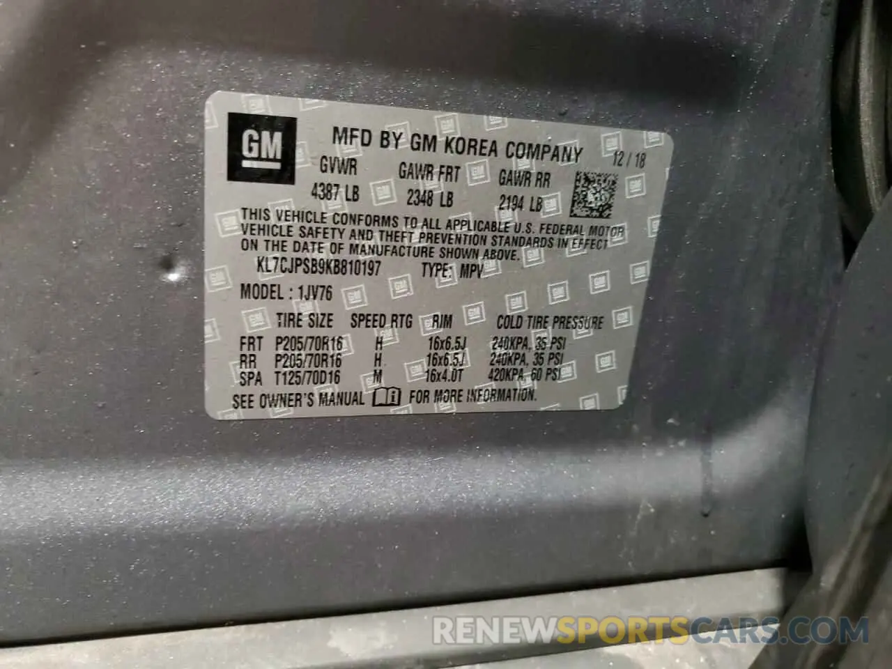 13 Photograph of a damaged car KL7CJPSB9KB810197 CHEVROLET TRAX 2019
