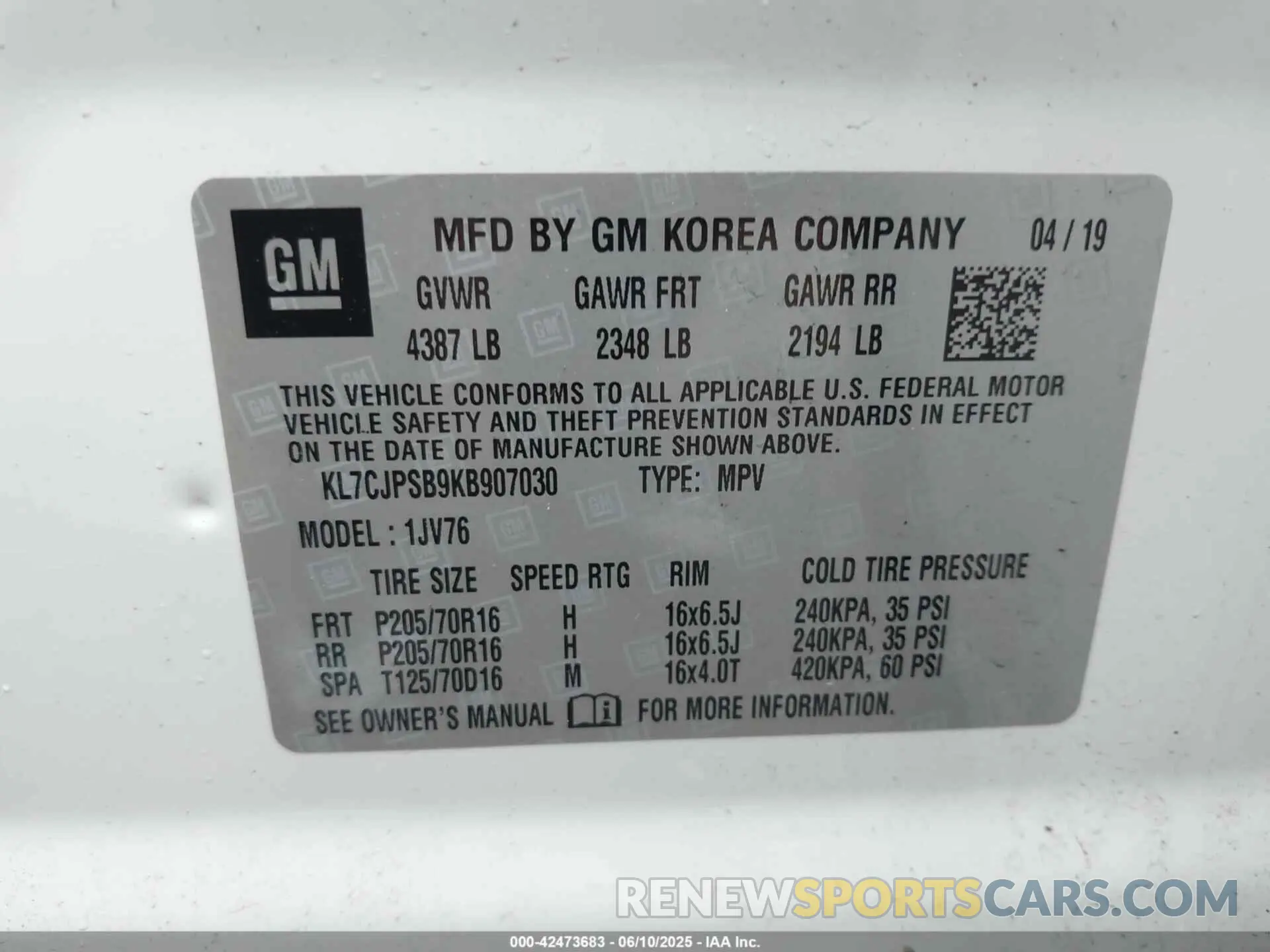 9 Photograph of a damaged car KL7CJPSB9KB907030 CHEVROLET TRAX 2019