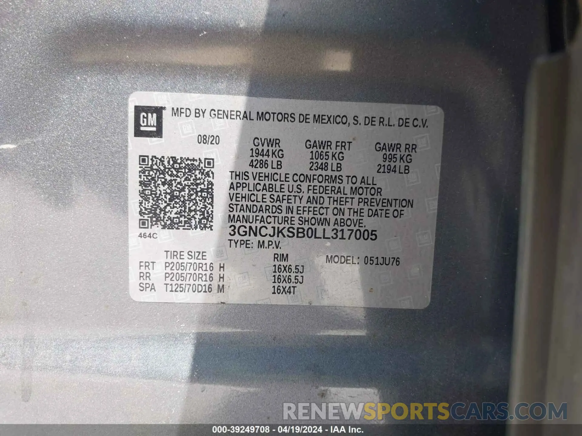 9 Photograph of a damaged car 3GNCJKSB0LL317005 CHEVROLET TRAX 2020