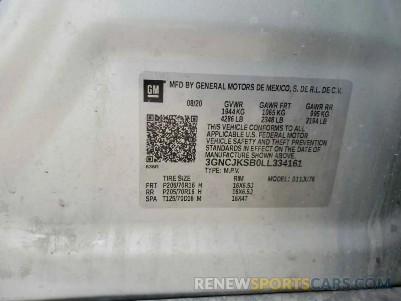 13 Photograph of a damaged car 3GNCJKSB0LL334161 CHEVROLET TRAX 2020