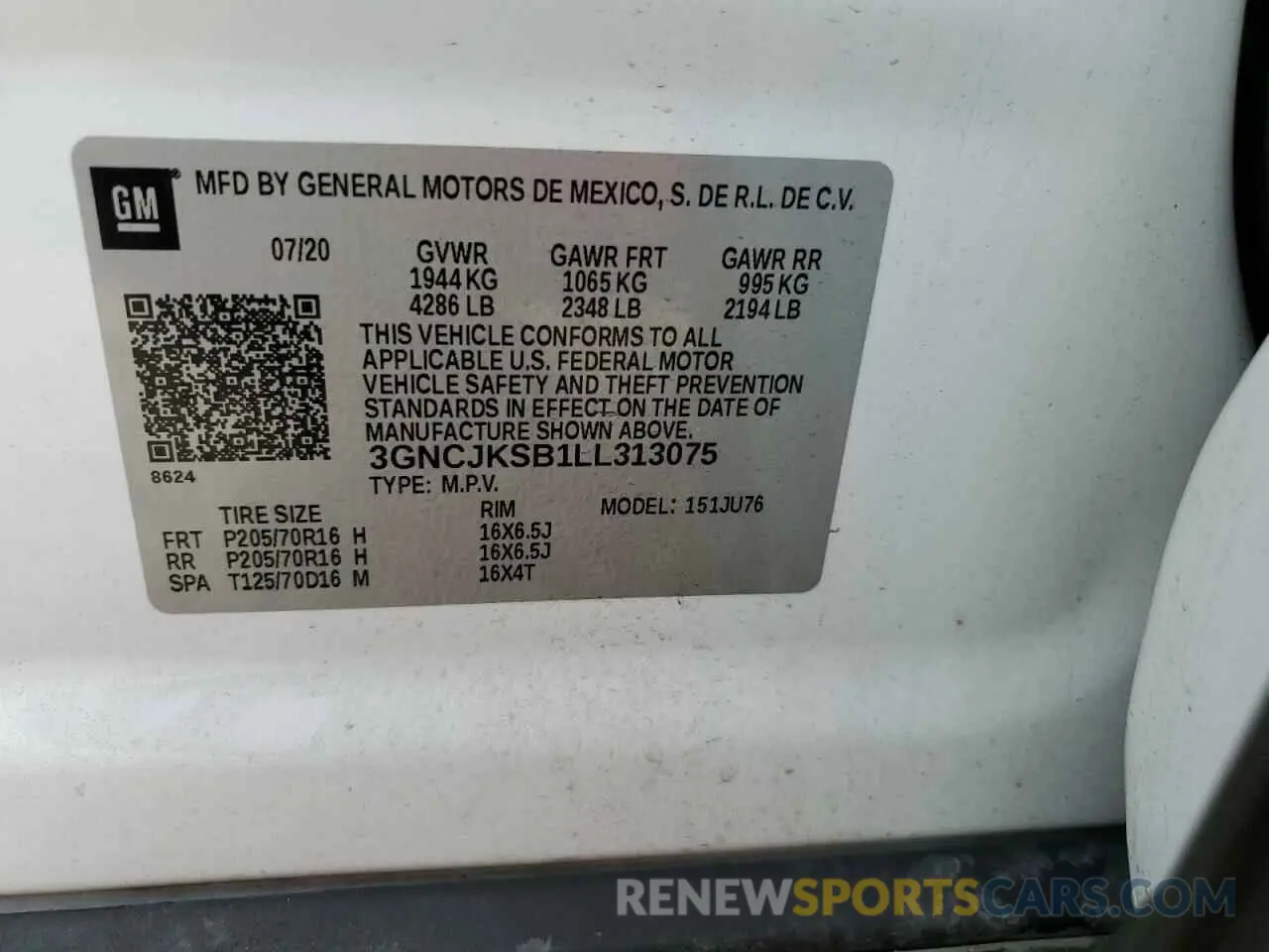 13 Photograph of a damaged car 3GNCJKSB1LL313075 CHEVROLET TRAX 2020
