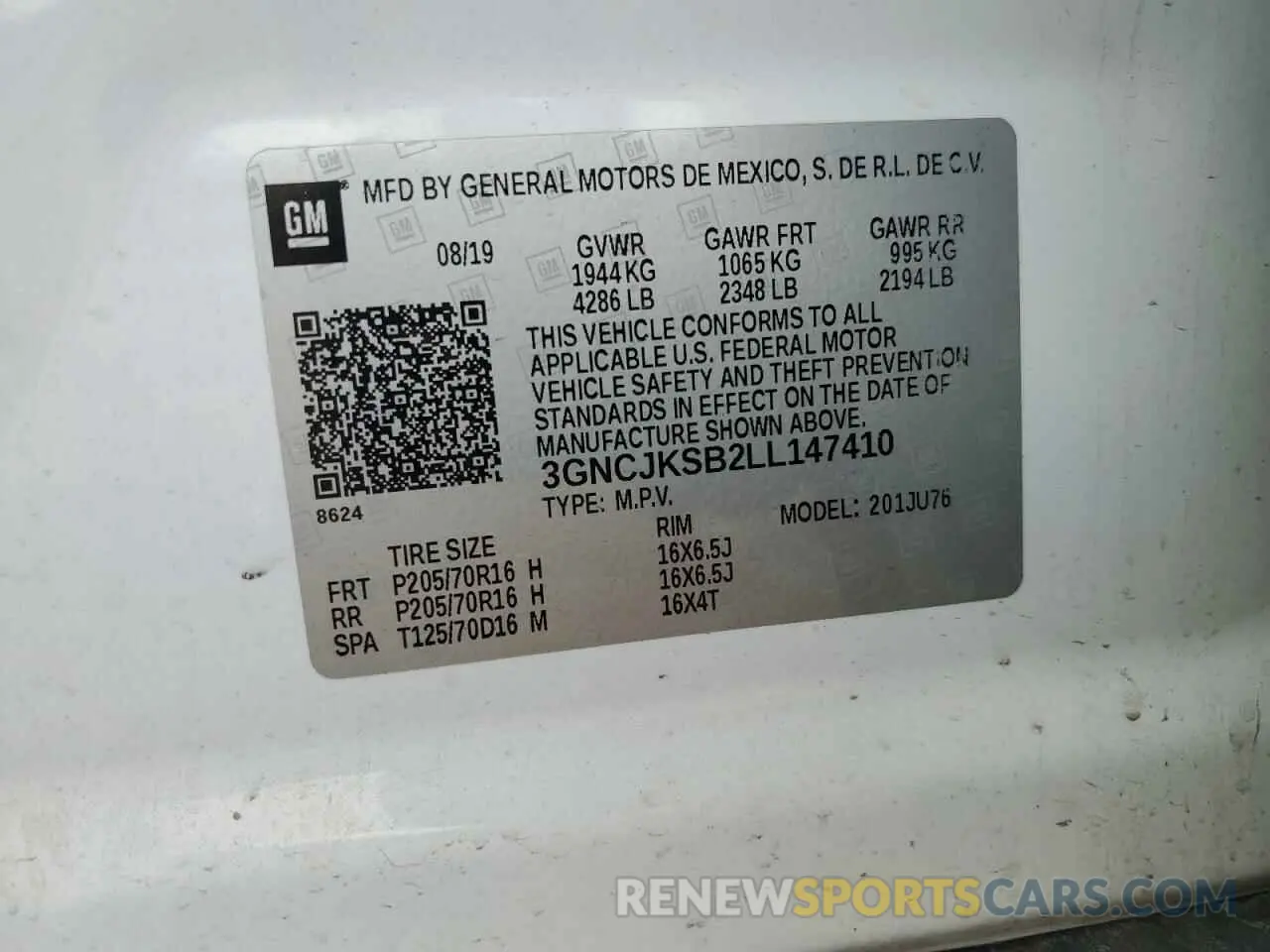 14 Photograph of a damaged car 3GNCJKSB2LL147410 CHEVROLET TRAX 2020