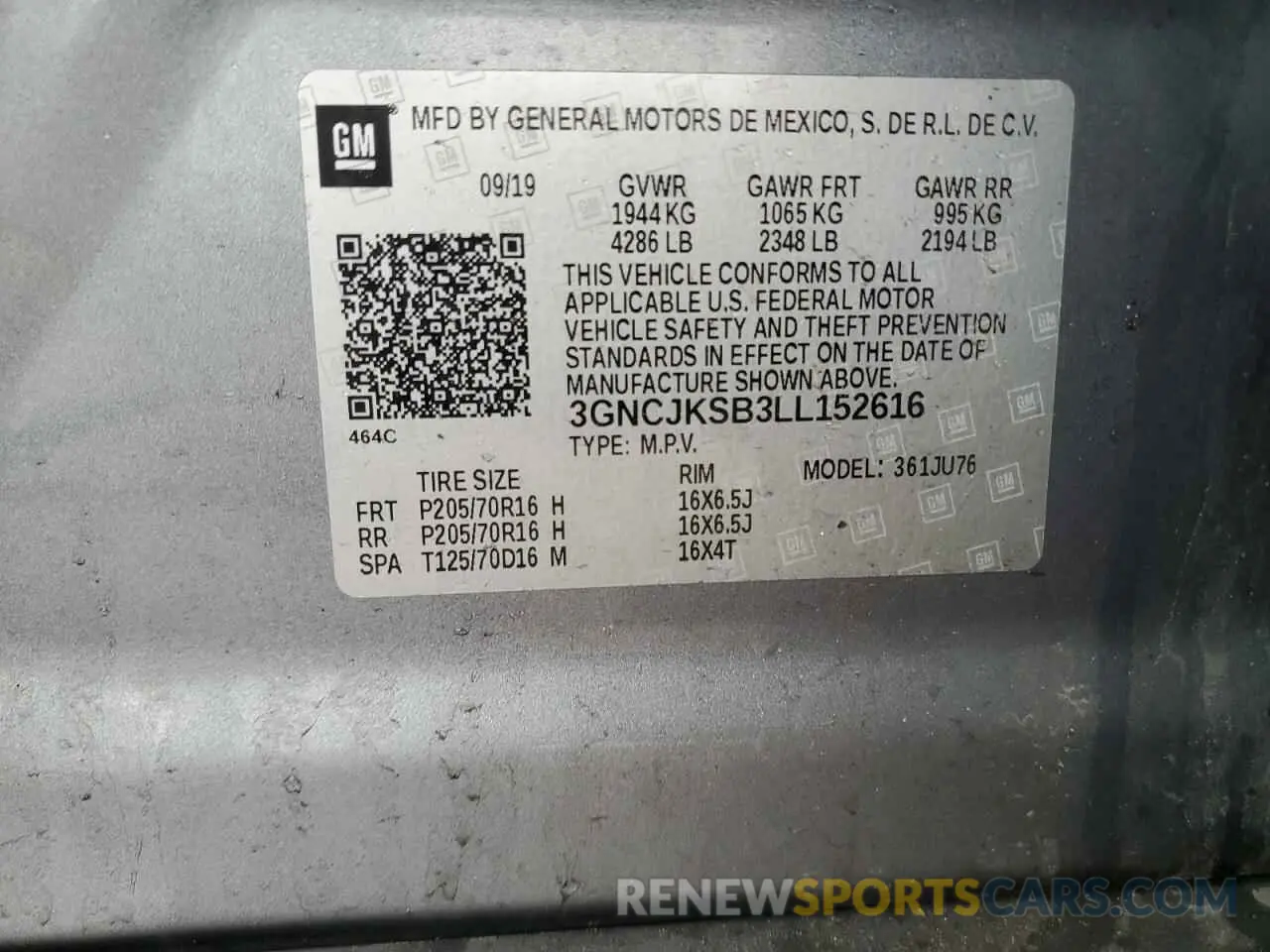 13 Photograph of a damaged car 3GNCJKSB3LL152616 CHEVROLET TRAX 2020
