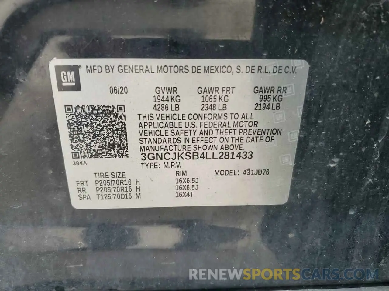 13 Photograph of a damaged car 3GNCJKSB4LL281433 CHEVROLET TRAX 2020