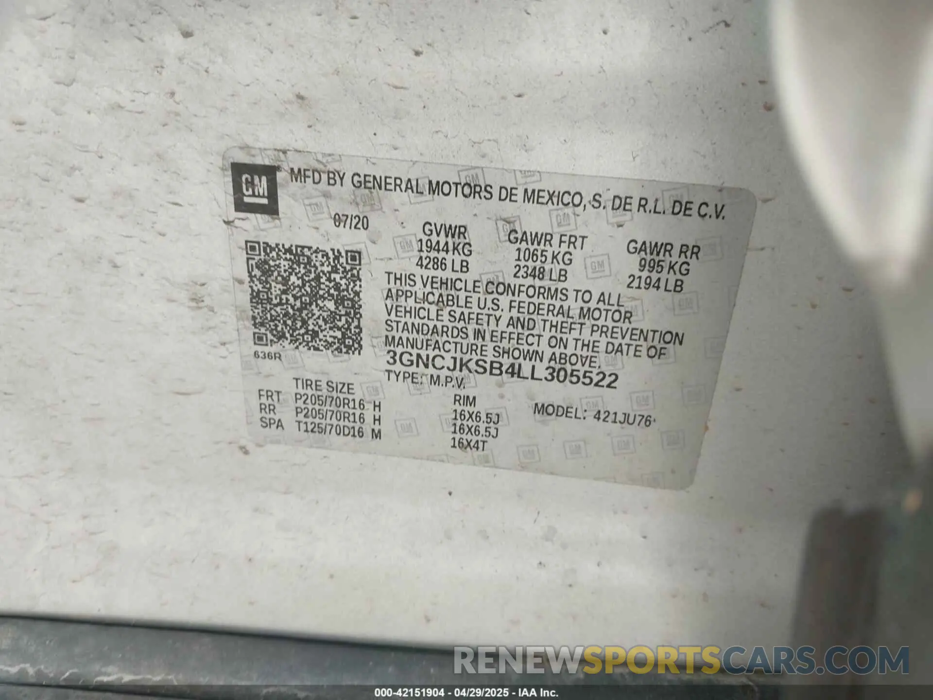 9 Photograph of a damaged car 3GNCJKSB4LL305522 CHEVROLET TRAX 2020