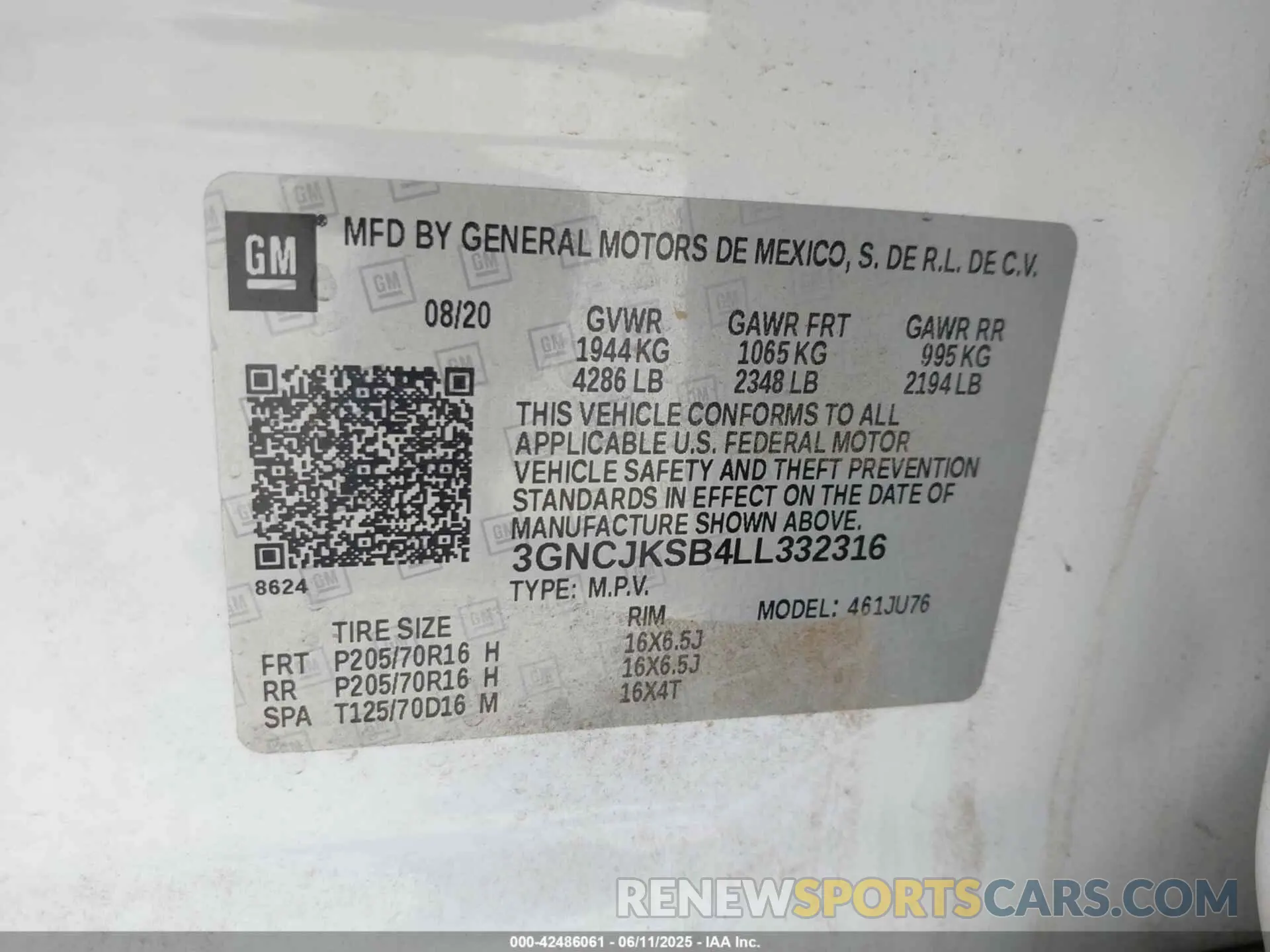 9 Photograph of a damaged car 3GNCJKSB4LL332316 CHEVROLET TRAX 2020