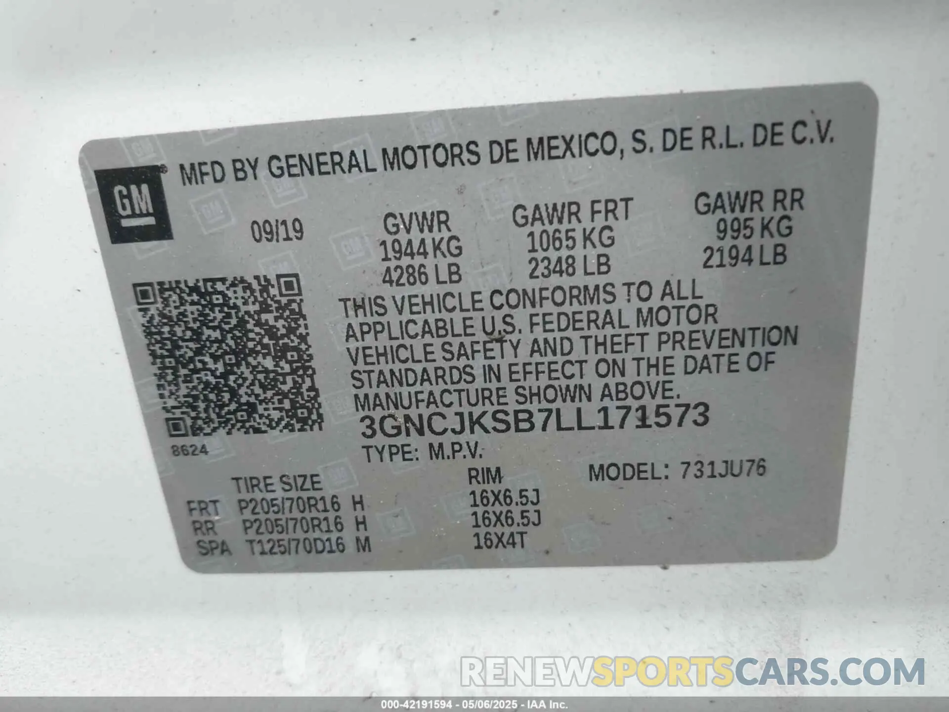 9 Photograph of a damaged car 3GNCJKSB7LL171573 CHEVROLET TRAX 2020