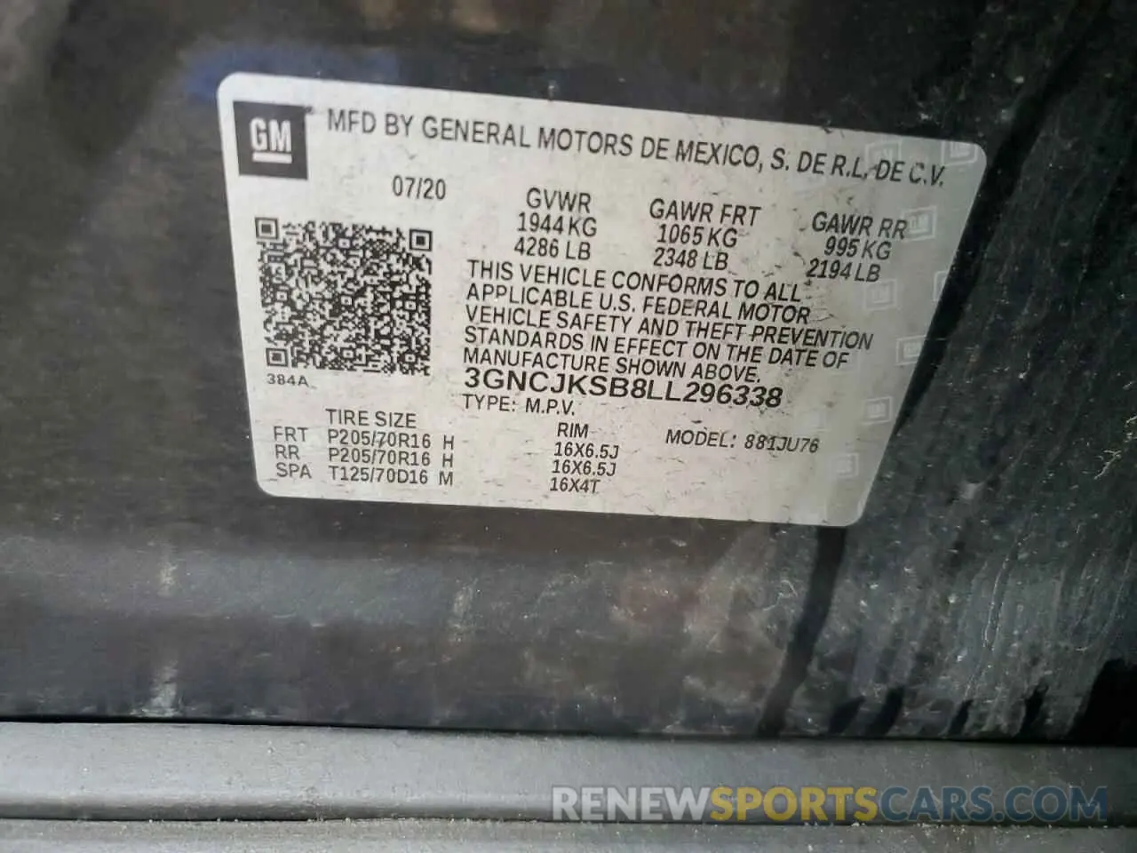 13 Photograph of a damaged car 3GNCJKSB8LL296338 CHEVROLET TRAX 2020