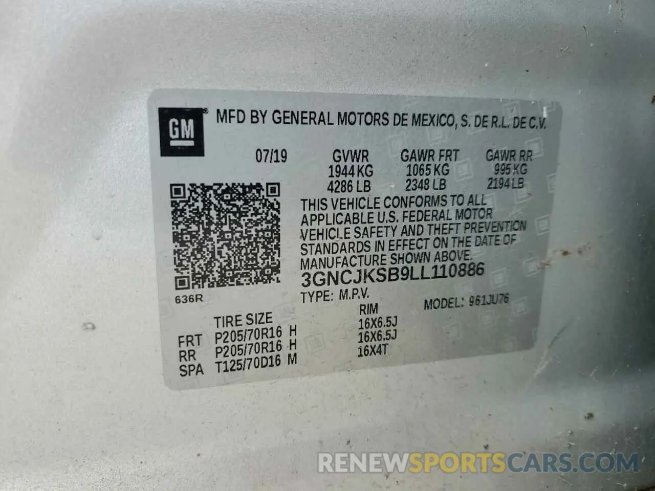 13 Photograph of a damaged car 3GNCJKSB9LL110886 CHEVROLET TRAX 2020
