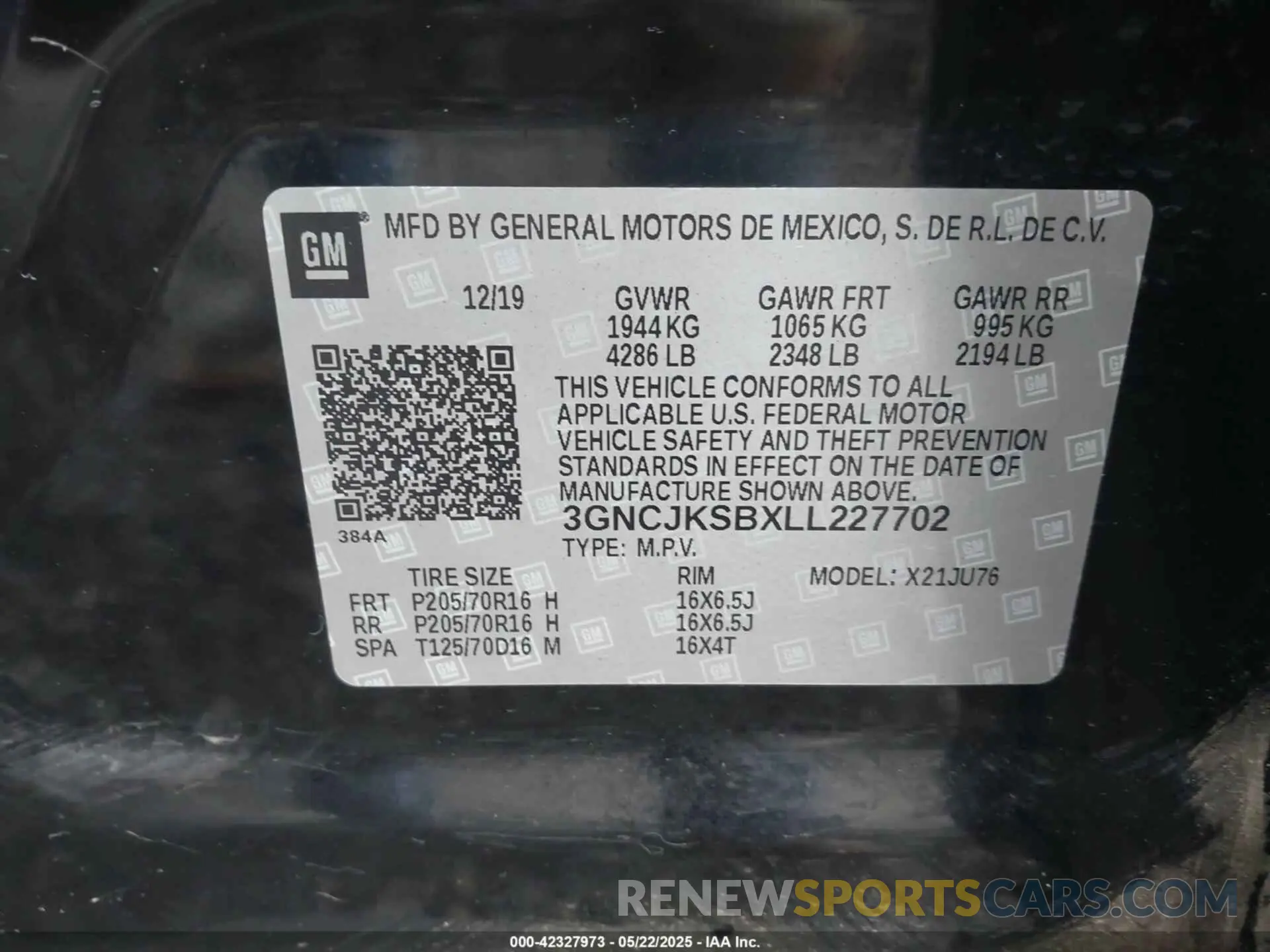 9 Photograph of a damaged car 3GNCJKSBXLL227702 CHEVROLET TRAX 2020