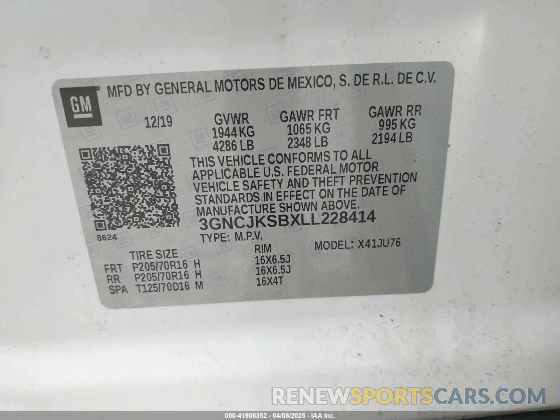 9 Photograph of a damaged car 3GNCJKSBXLL228414 CHEVROLET TRAX 2020