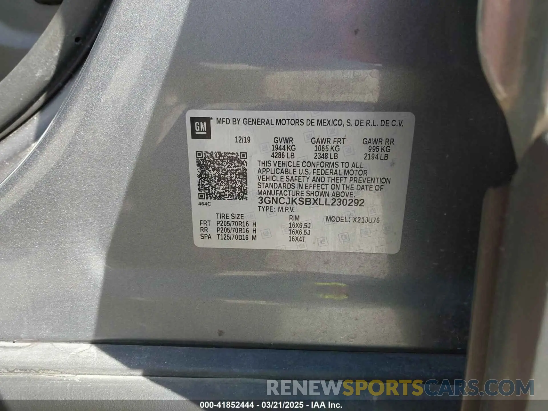 9 Photograph of a damaged car 3GNCJKSBXLL230292 CHEVROLET TRAX 2020