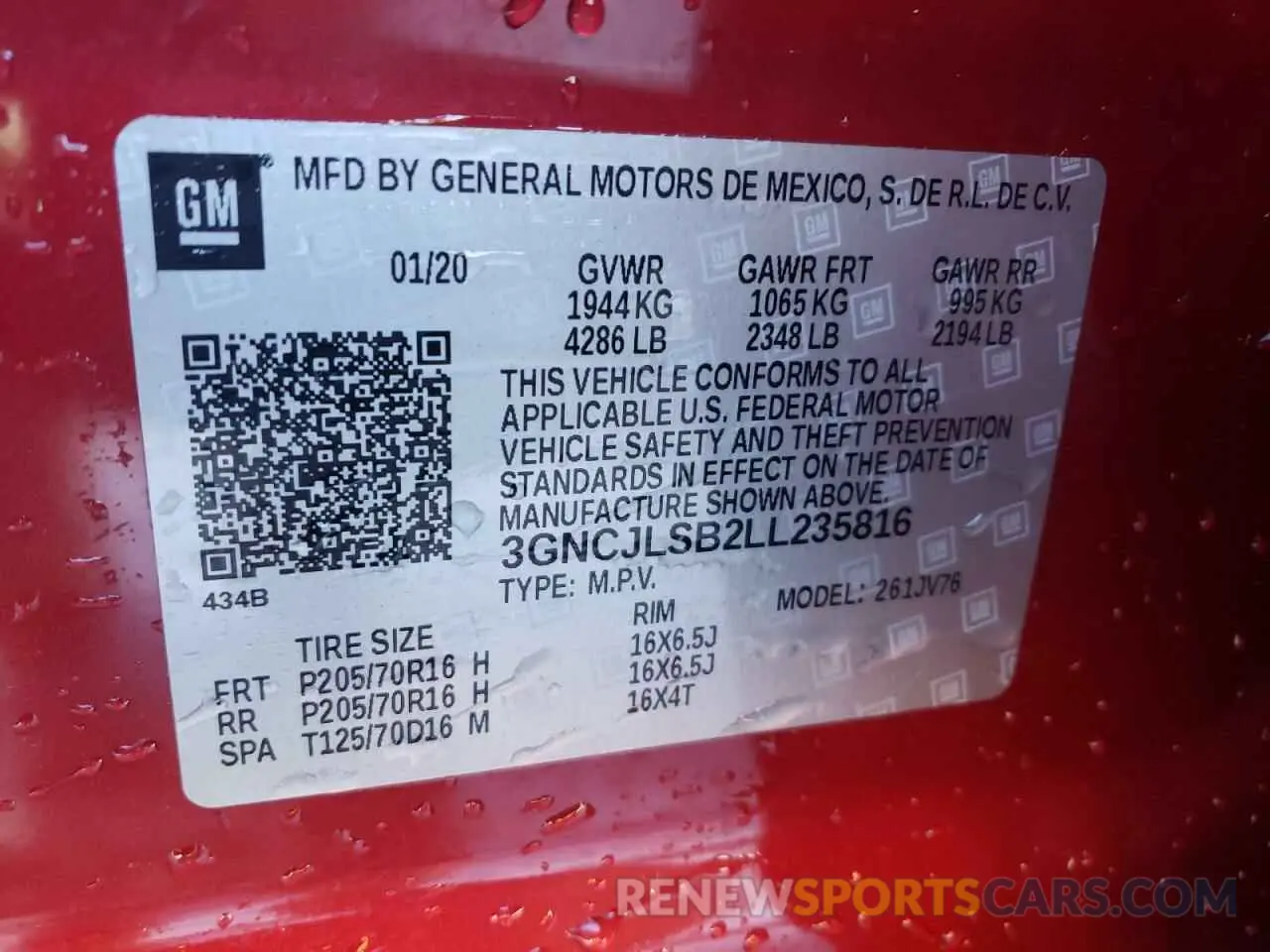 13 Photograph of a damaged car 3GNCJLSB2LL235816 CHEVROLET TRAX 2020