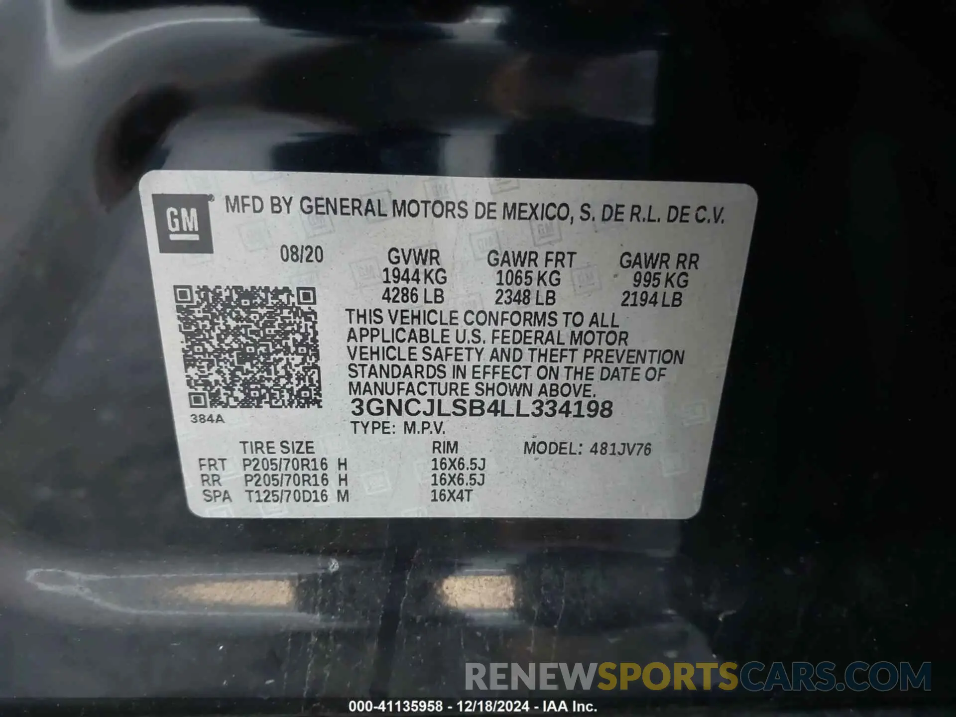 9 Photograph of a damaged car 3GNCJLSB4LL334198 CHEVROLET TRAX 2020