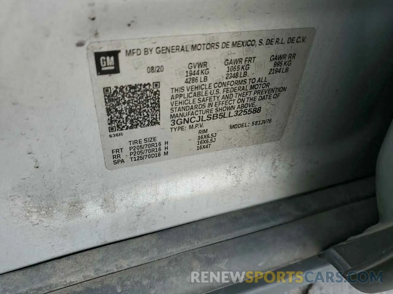 13 Photograph of a damaged car 3GNCJLSB5LL325588 CHEVROLET TRAX 2020