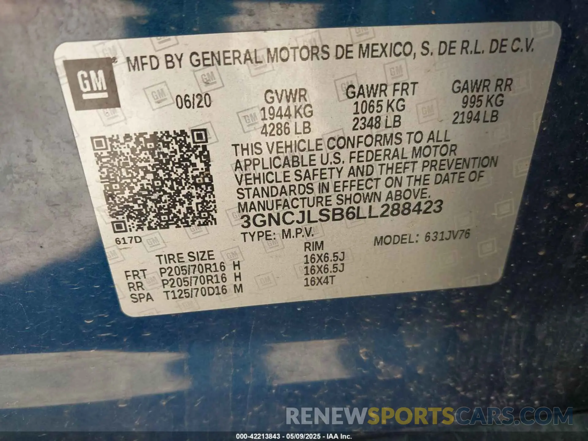 9 Photograph of a damaged car 3GNCJLSB6LL288423 CHEVROLET TRAX 2020