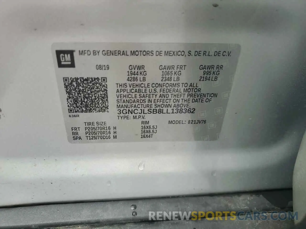 13 Photograph of a damaged car 3GNCJLSB8LL138362 CHEVROLET TRAX 2020