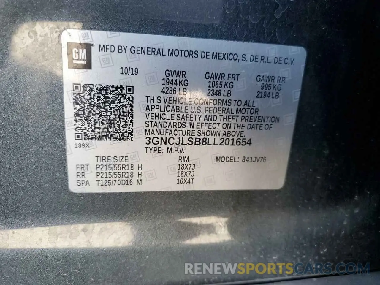 12 Photograph of a damaged car 3GNCJLSB8LL201654 CHEVROLET TRAX 2020