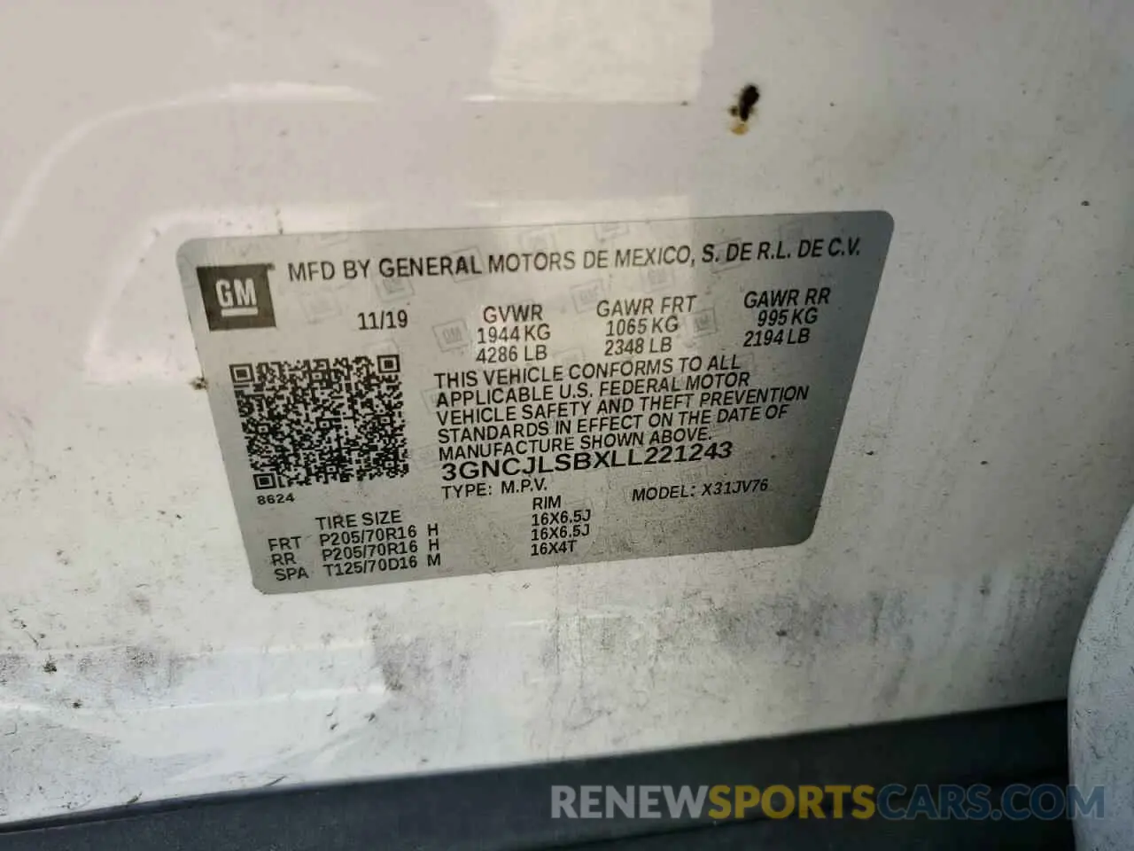 13 Photograph of a damaged car 3GNCJLSBXLL221243 CHEVROLET TRAX 2020