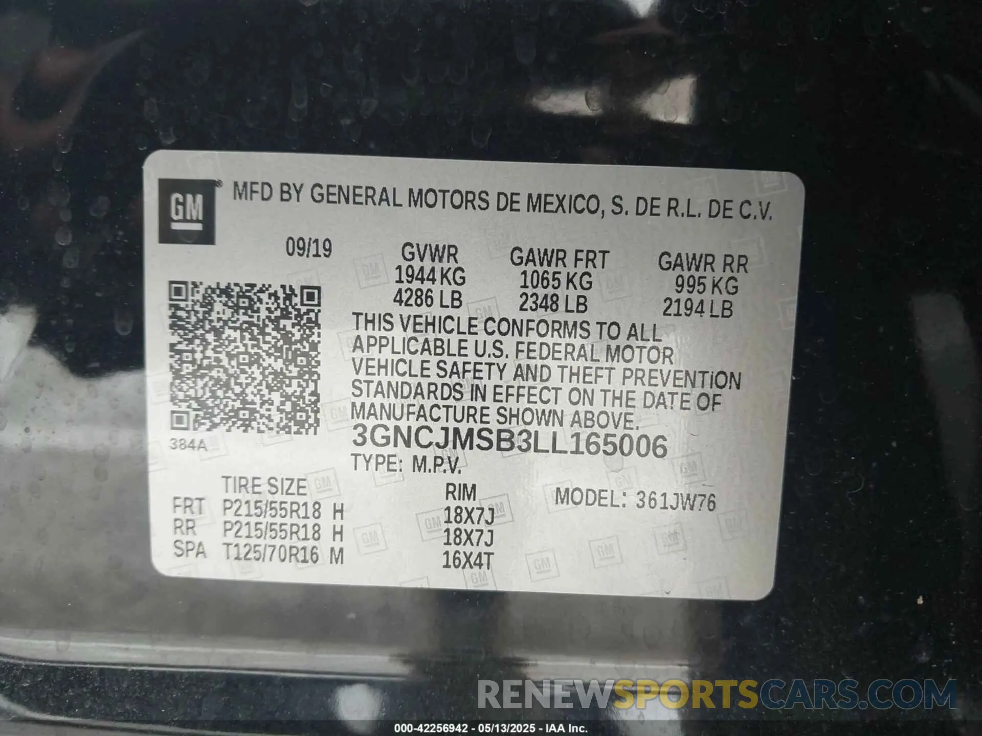 9 Photograph of a damaged car 3GNCJMSB3LL165006 CHEVROLET TRAX 2020