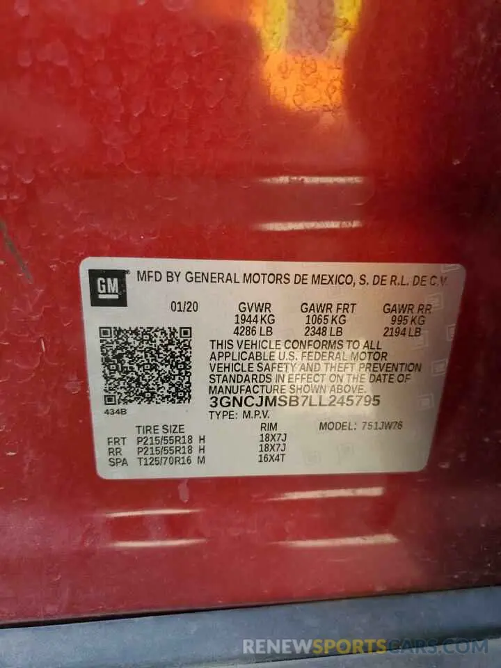 13 Photograph of a damaged car 3GNCJMSB7LL245795 CHEVROLET TRAX 2020
