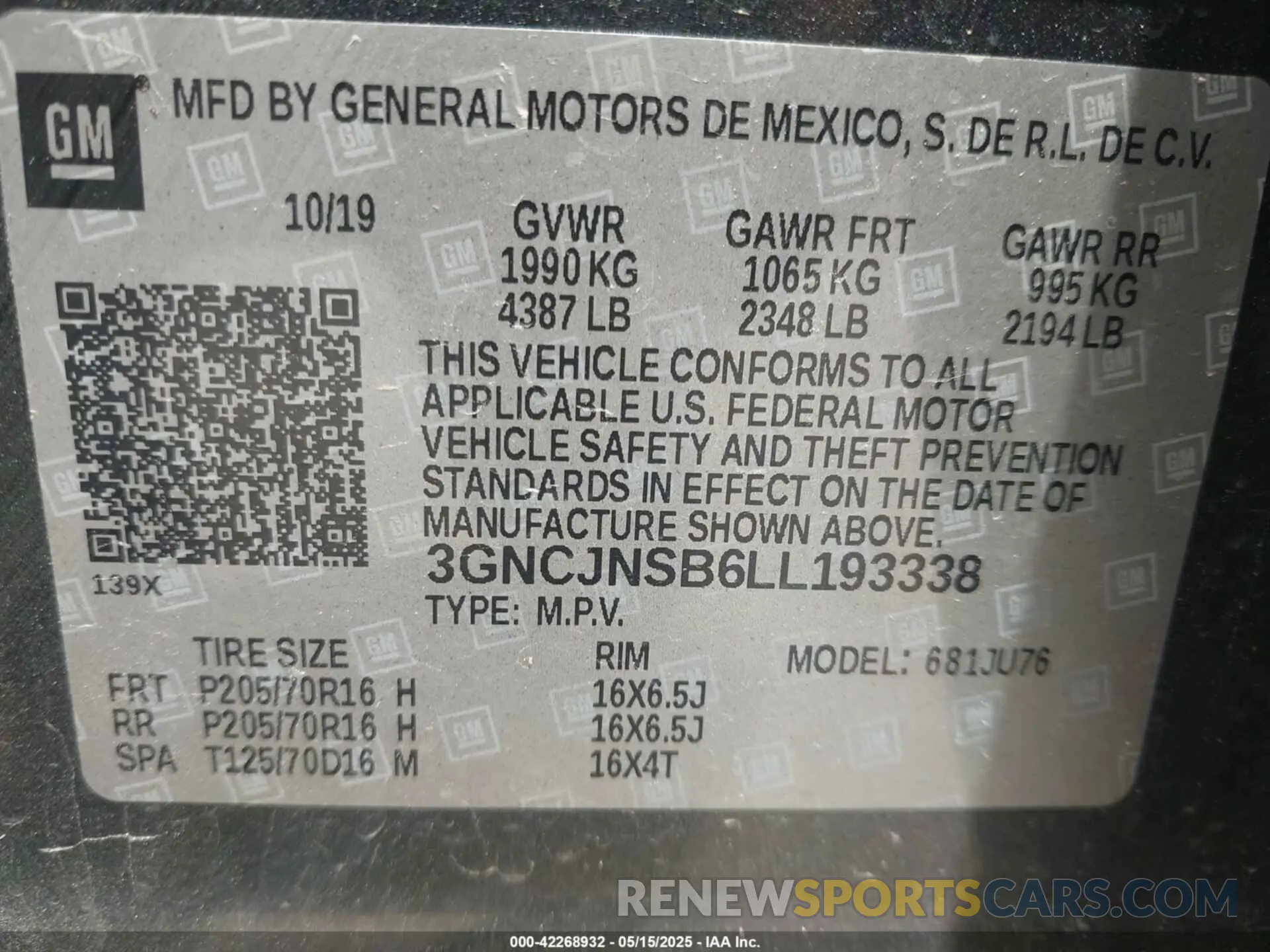 9 Photograph of a damaged car 3GNCJNSB6LL193338 CHEVROLET TRAX 2020