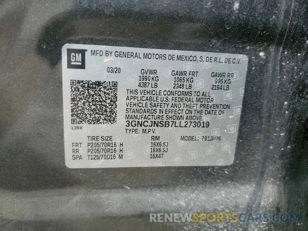 13 Photograph of a damaged car 3GNCJNSB7LL273019 CHEVROLET TRAX 2020