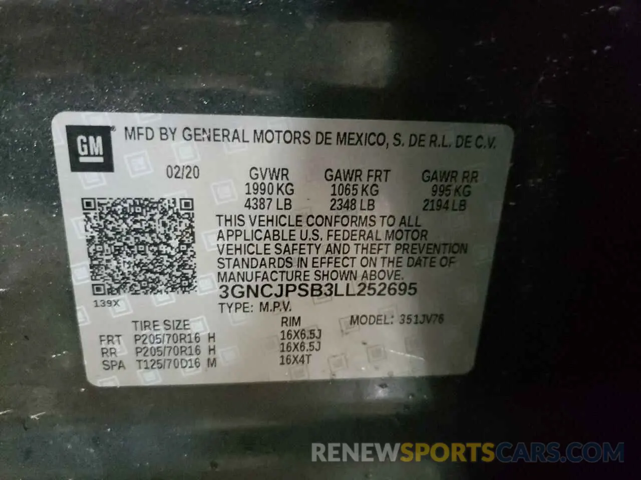 13 Photograph of a damaged car 3GNCJPSB3LL252695 CHEVROLET TRAX 2020