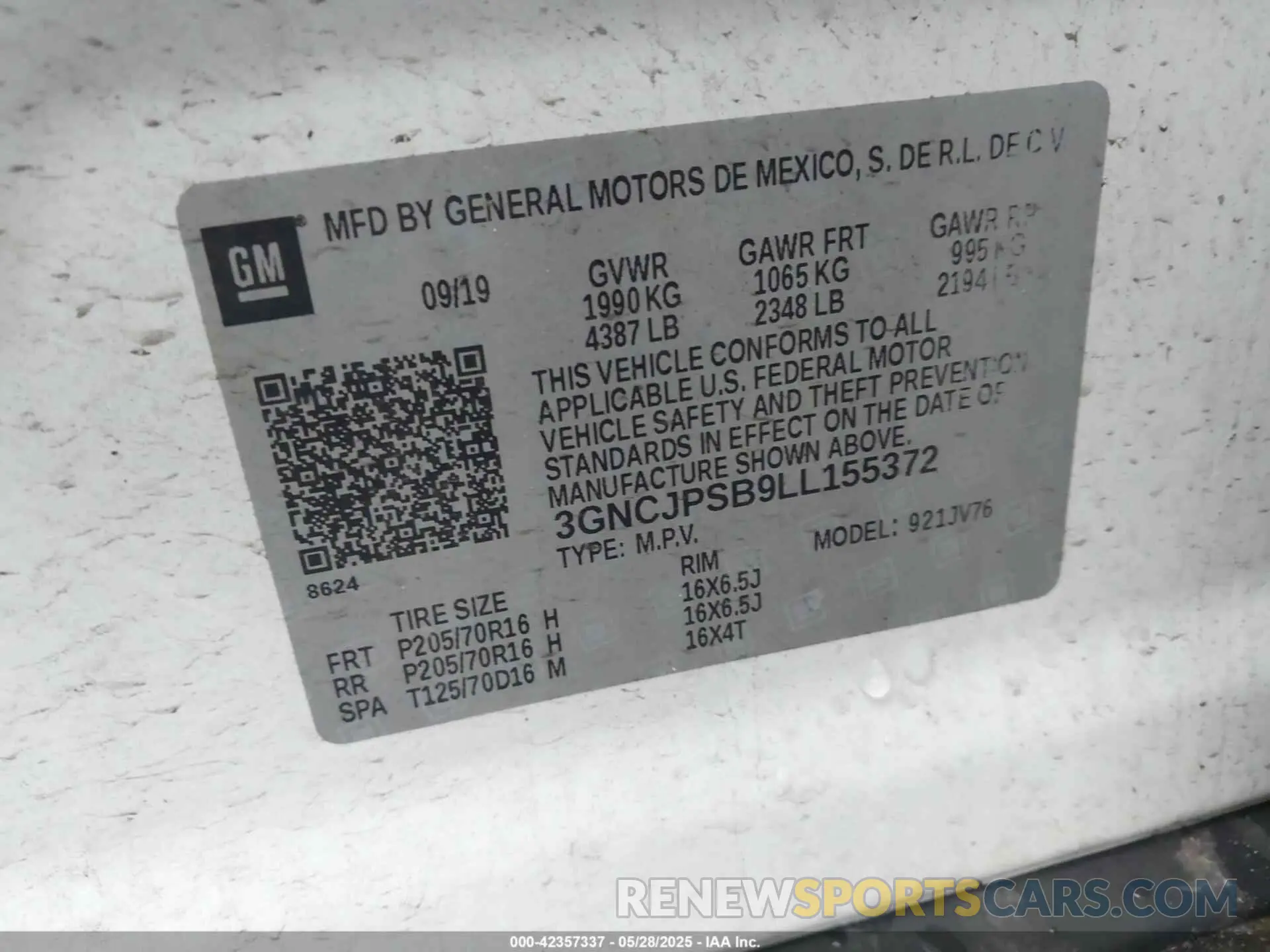 9 Photograph of a damaged car 3GNCJPSB9LL155372 CHEVROLET TRAX 2020