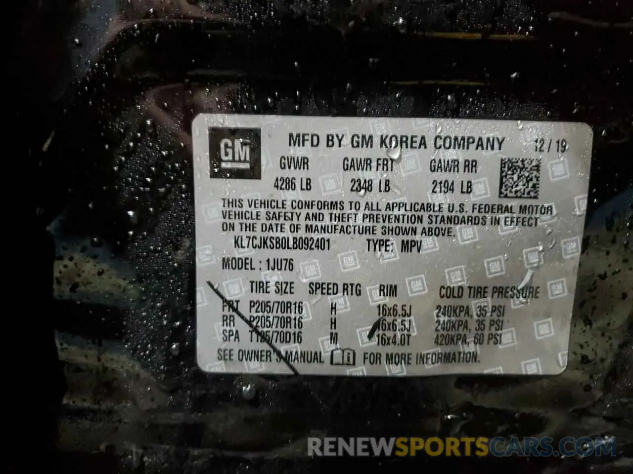 13 Photograph of a damaged car KL7CJKSB0LB092401 CHEVROLET TRAX 2020