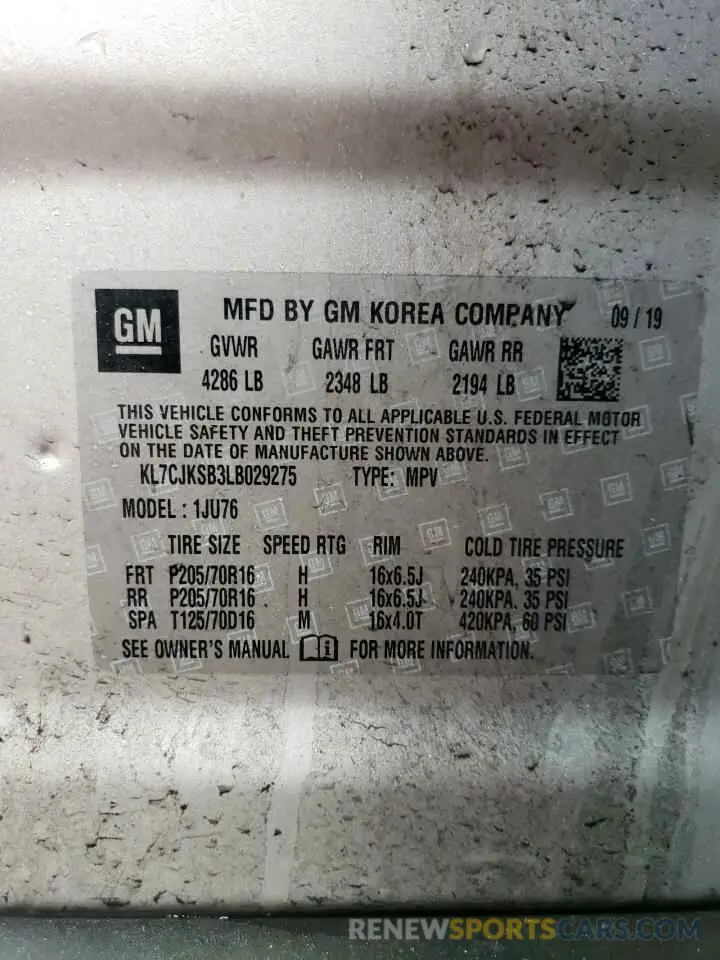12 Photograph of a damaged car KL7CJKSB3LB029275 CHEVROLET TRAX 2020